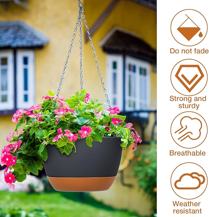 Mumufy 6 Pcs 8 Inch Hanging Planters, Dark Gray, Plastic with Drainage Hole and Removable Saucer, Suitable for Indoor and Outdoor Plants