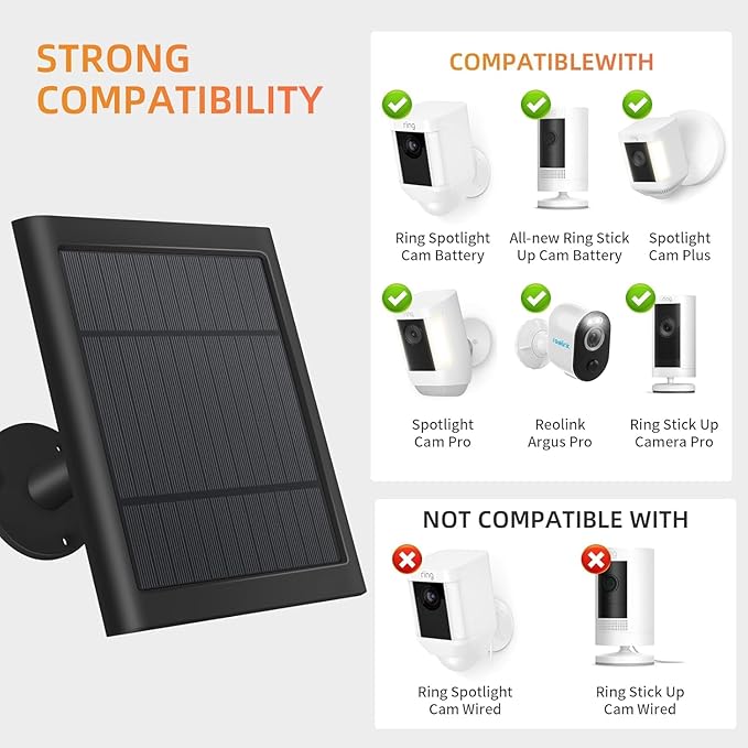 1 Pack 4W Solar Charger for Ring Spotlight & Stick Up Outdoor Cam, Black, High Efficiency, 10FT/3M Long Cable with USB-C to Ring Barrel Plug