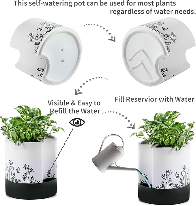 Nihow Self Watering Plant Pot: 8 Inch Ceramic Planter with Drainage Hole & Water Storage Plus for Indoor & Outdoor Plants - Cylinder Round Flower Pot for Succulent/Herbs/Violets - White
