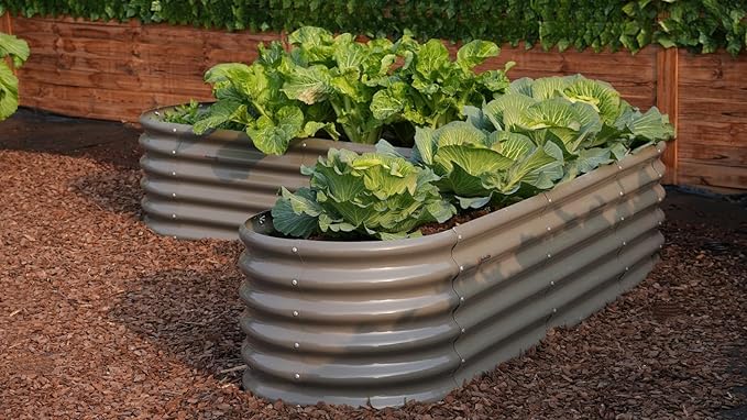 A ANLEOLIFE Set of 14, 18 Inch Tall Raised Garden Beds Kit, Heart-Shaped, Large Oval & Round Metal Planters – Ideal for Backyard Vegetables Flowers Herbs, Quartz Grey