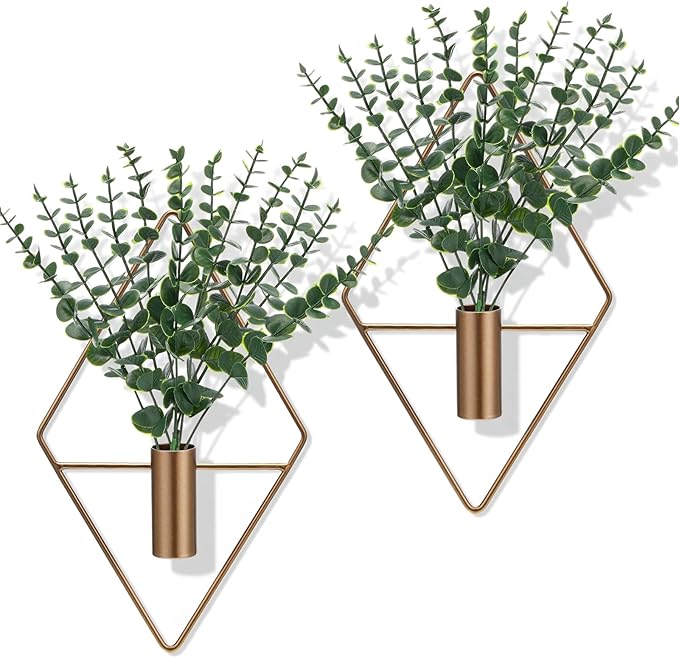 4 Pieces Bronze Wall Decor Hanging Planters with Artificial Plants Metal Hanging Vase Indoor Plants Holder Modern Boho Wall Art for Bathroom Bedroom Living Room Decor, Eucalyptus