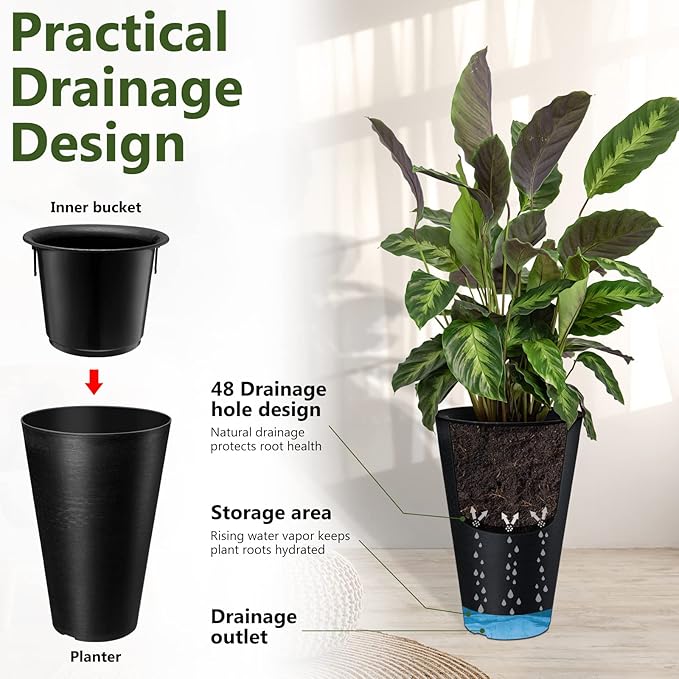 Sieral Set of 2 Tall Outdoor Planters 12 x 18 Inch Large Resin Outdoor Planters for Front Porch Flower Round Floor Decorative Indoor Pots with Drainage(Black)