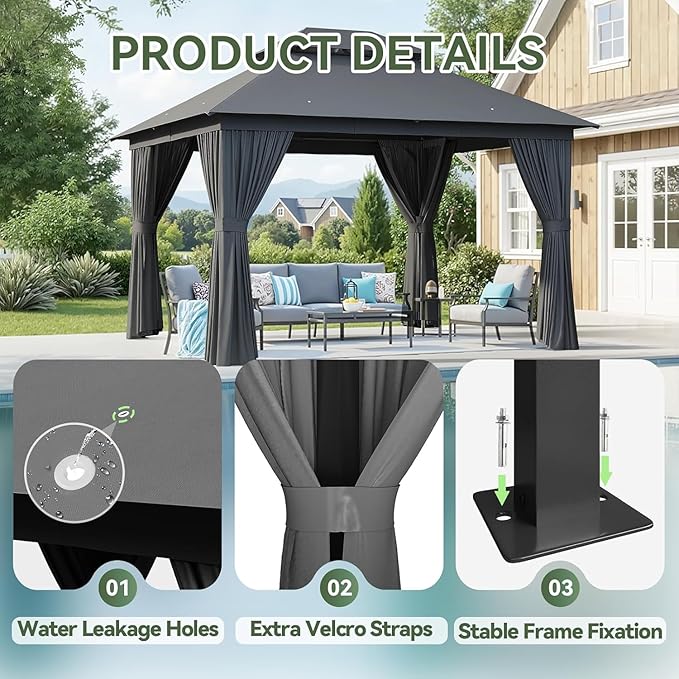 Aoxun 10x10 Outdoor Gazebo with 50FT LED Hanging Lights Metal Frame Canopy with Double Roofs Heavy Duty Party Tent and Shelter with Mosquito Netting and Privacy Screen for Backyard, Lawn, Garden(Gray)