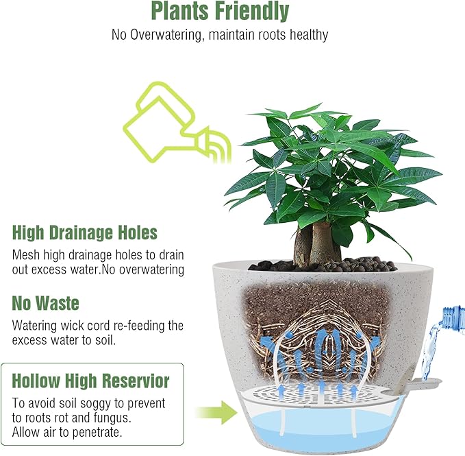 12inch 2Pack Large Self Watering Planters, Plastic Plant Pots with 60oZ Removable Deep Reservoir and Multi Mesh Drainage Holes for Indoor Outdoor Garden Plants and Flowers, White Speckles