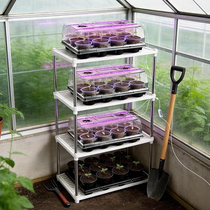 3 Pack 12 Cell Seed Starting Trays with Clear Domes and Growing Lights & 4 Inch Clear Seedling Pots 36 Pack, Plant Nursery Faster Propagation Kit 3 Sets for Seeds Vegetables Herbs
