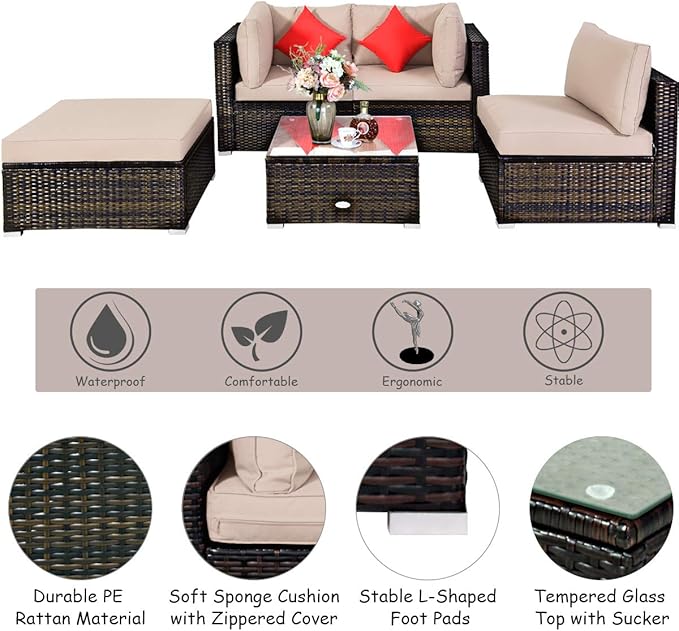 Tangkula 5 Pieces Patio Rattan Furniture Set, Outdoor Sectional Rattan Sofa Set with Back & Seat Cushions, Wicker Conversation Set with Tempered Glass Table for Backyard Porch Poolside (Brown)