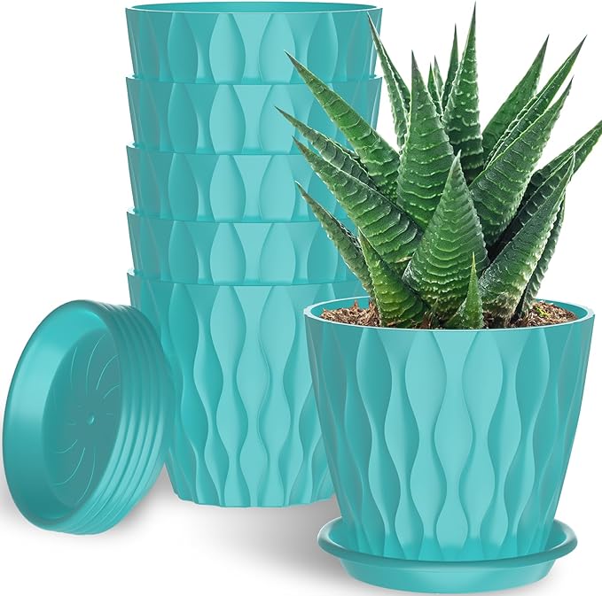 6 Pack 6 Inch Indoor Plant Pots with Drainage Holes, Outdoor Plastic Decorative Flower Pots, Garden Planters with Tray Saucers for Orchids, Violets, Succulents, Herbs, and Other Plants