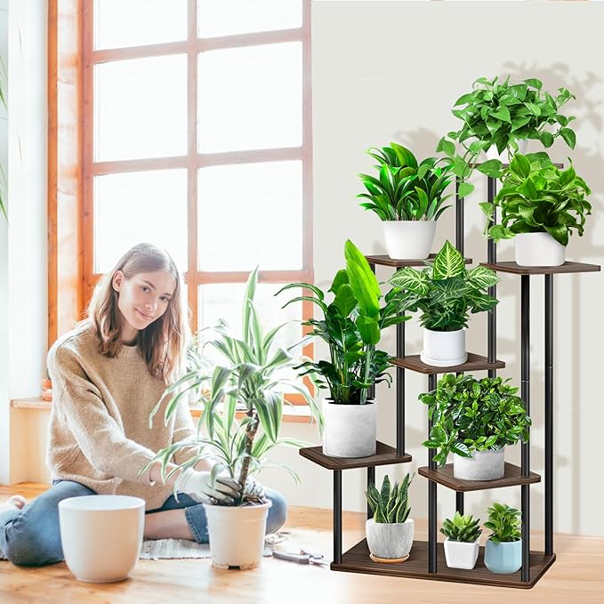 7 Tier Plant Stand Indoor, Thickened Metal Wood Corner Plant Shelf Stands for Multiple Plants, Indoor Tall Plants Stand Tiered Flower Holder for Living Room Patio Garden Balcony(Black+Oak)