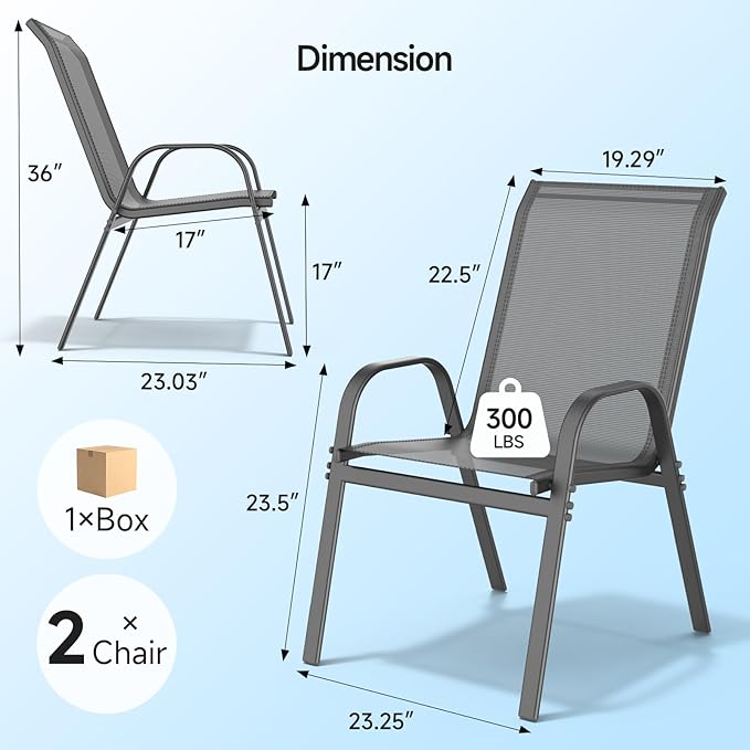 ONBRILL Patio Chairs set of 2, Easy Assembly Stackable Outdoor Dining Chairs with Wide Seat and Sturdy Metal Frame, Breathable All Weather Textilene Outdoor Chairs Set of 2 for Deck, Pool, Porch, Grey