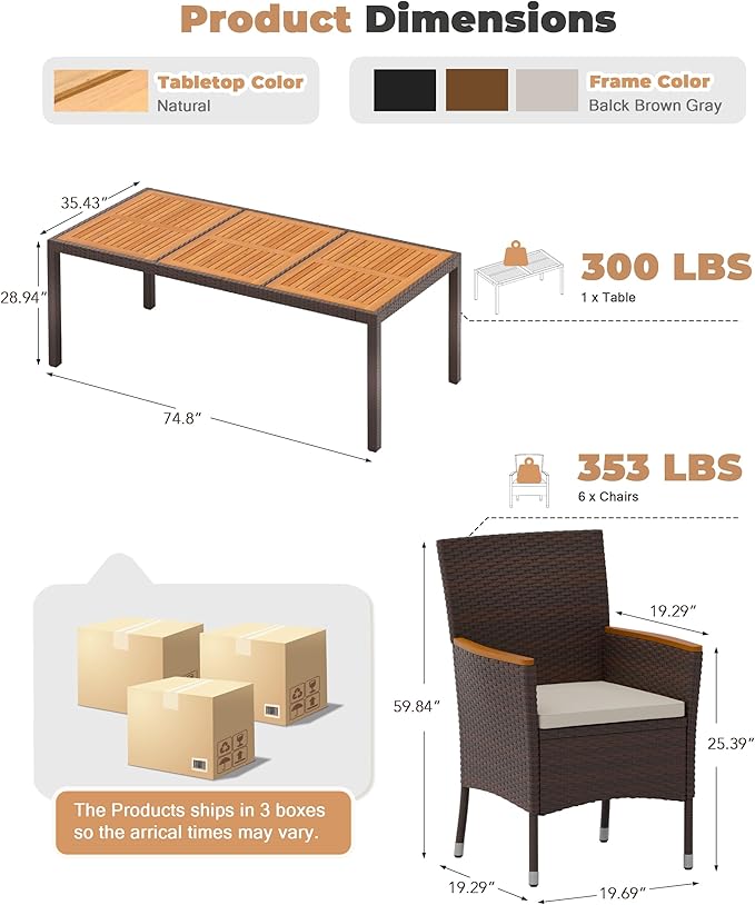 Flamaker 9 Piece Patio Dining Set Outdoor Acacia Wood Table and Chairs with Soft Cushions Wicker Patio Furniture for Deck, Backyard, Garden (Brown)