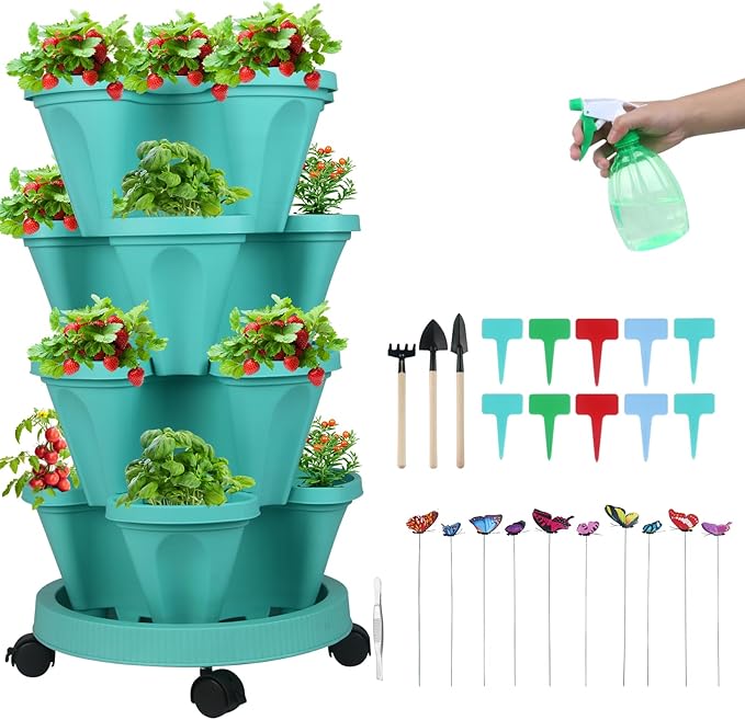 Vertical Planter 4 Tier Stackable Planters Garden Planters Strawberry Herb Flower and Vegetable Planter Indoor Outdoor Gardening Pots with Removable Wheels and Tools