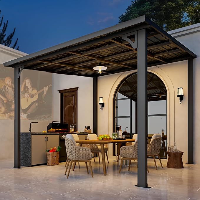 AECOJOY 10' x 10' Hardtop Gazebo Outdoor Pergola, Heavy Duty Lean to Metal Pergolas and Gazebos Clearance, Wall-Mounted Grill Gazebo Galvanized Steel Patio Roof Awnings for Patio, Decks