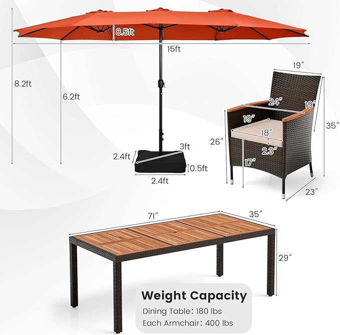 Tangkula 11 Pieces Rattan Outdoor Dining Set with 15Ft Solar Patio Umbrella for 8, Outdoor Wicker Table Set with 8 Cushioned Chairs, Acacia Wood Top, Outdoor Umbrella with Base Included