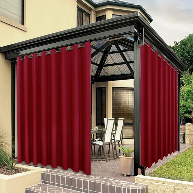 BONZER Extra Wide Waterproof Outdoor Curtains for Patio Heavy Privacy Light Filtering Grommet Outside Curtains for Porch, Pergola, Gazebo, 1 Panel, 150W x 84L inch, Red