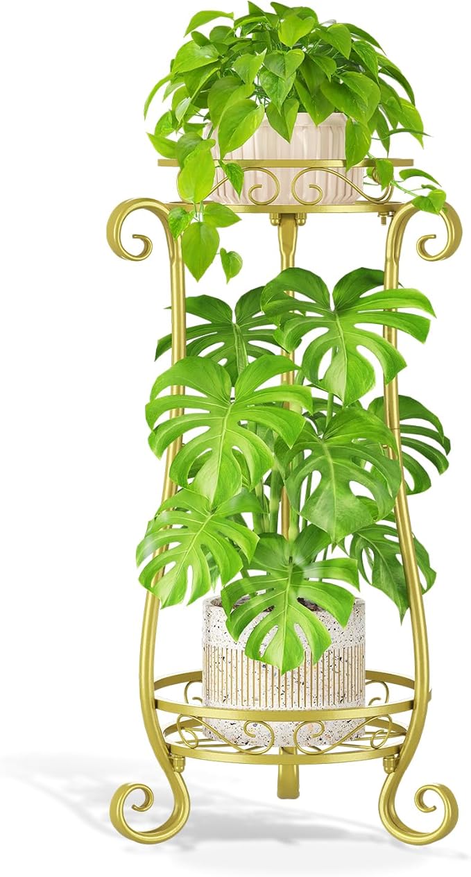 LASZOLA 2 Tier Gold Metal Plant Stand for Multiple Large Planters Indoor Outdoor Organizer, Heavy Duty Tall Flower Stand for Corner Patio Bathroom Office, Modern Sturdy Vertical Iron Rack, Cat Proof