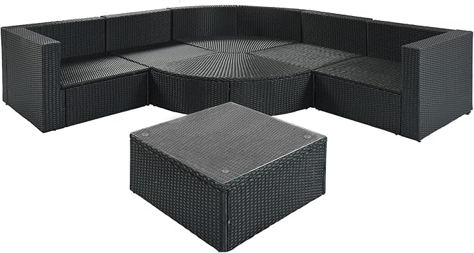 Merax 7-Piece Outdoor Wicker Sectional Sofa Set,Modular Rattan Conversation Set with Gray Cushions,Striped Green Pillows & Tempered Glass Coffee Table for Patio,Garden,Deck,Black