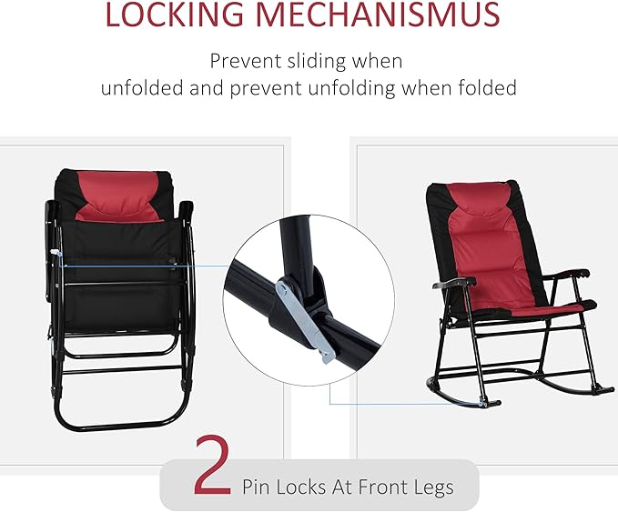 Outsunny Oversized Folding Rocking Camping Chair Set of 2, Padded Outdoor Rockers with High Back and Armrests, Portable Outdoor Patio Chairs with Steel Frame for Garden, Porch, Lawn, Red