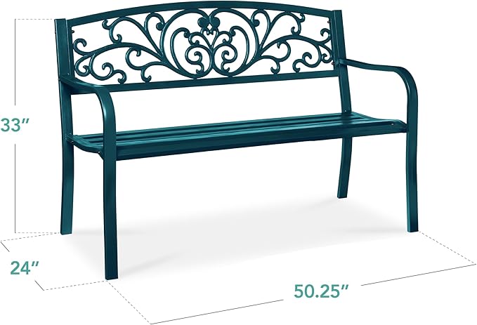 Best Choice Products Outdoor Bench Steel Garden Patio Porch Furniture for Lawn, Park, Deck w/Floral Design Backrest, Slatted Seat - Peacock Blue
