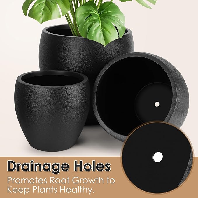 Plant Pots 17.5/14.8/12.2 inch Set of 3, Flower Pots with Drainage Holes, Large Planters for Indoor Outdoor Garden Plants and Flowers. (Black)