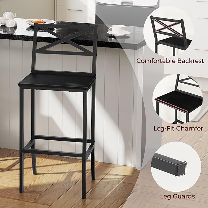 Bar Stools, Set of 2 Bar Chairs with Backrest and Footrest, 26" Tall Counter Bar Stools, Kitchen Breakfast Bar Chairs, Easy Assembly, for Dining Room, Black BAHB0901N1