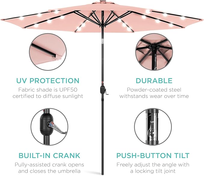Best Choice Products 10ft Solar Polyester LED Lighted Patio Umbrella w/Tilt Adjustment and UV-Resistant Fabric