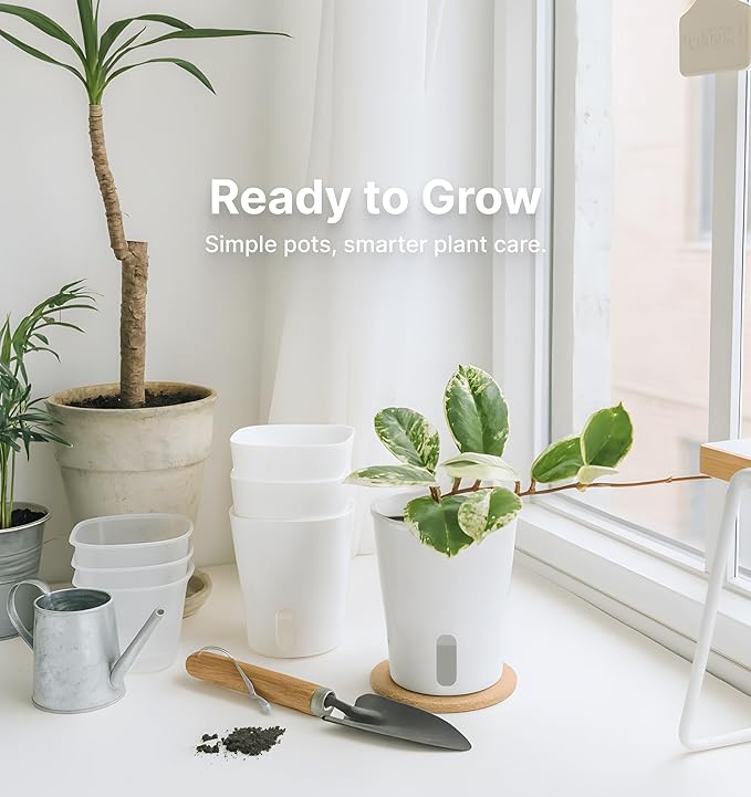 8 Pack 4" Self Watering Pots for Indoor Plants, Clear Inner Cup, Small White Plastic Planters, Water Level Indicator, Drainage Holes, Extra 3ft Wick, Cuttings,Seedlings,Herb,African Violets