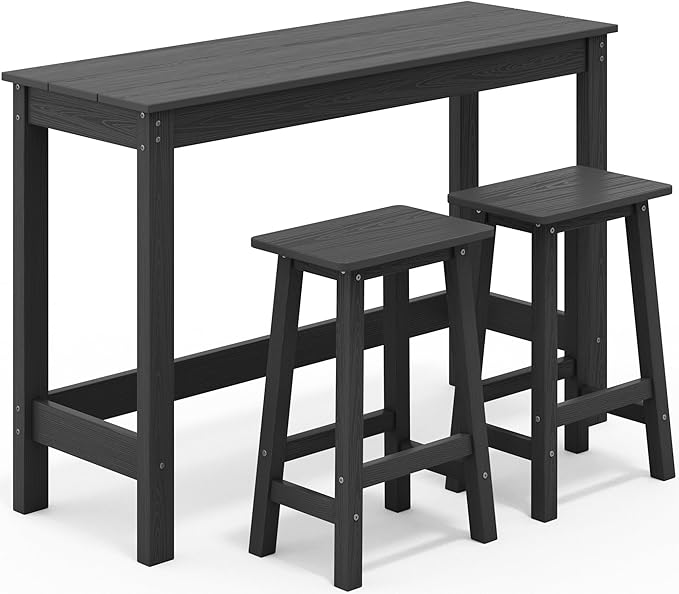 SERWALL 3-Piece Outdoor Bar Set, Rectangular All Weather HDPE Bar Height Patio Set, Outdoor High Top Table and Stools for for Outside, Poolside, Backyard, Garden, Black