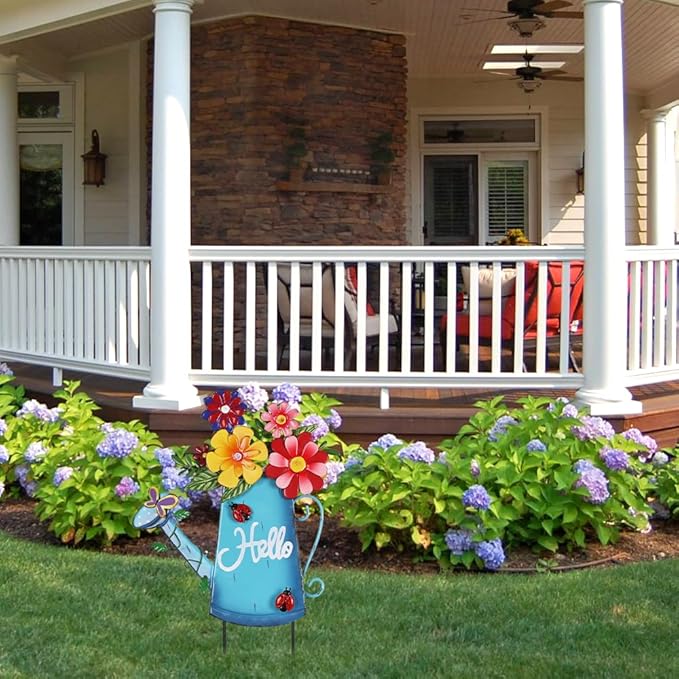 hogardeck Garden Decor for Outside, Metal Watering Can Decorative Garden Stakes with Flowers, Yard Art Welcome Spring Signs for Outdoor Lawn Backyard Porch Patio Garden Decorations