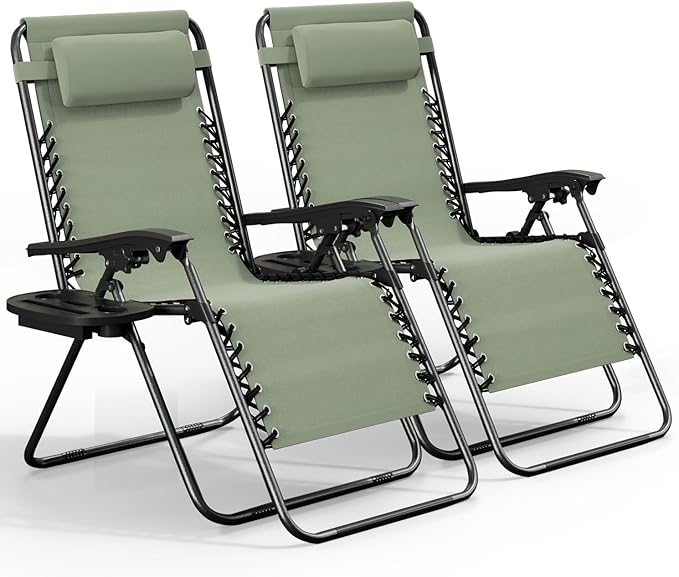 Nestl Zero Gravity Chairs Set of 2, Patio Lounge Chair Outdoor with Pillows & Cup Holder Trays - Sage Green
