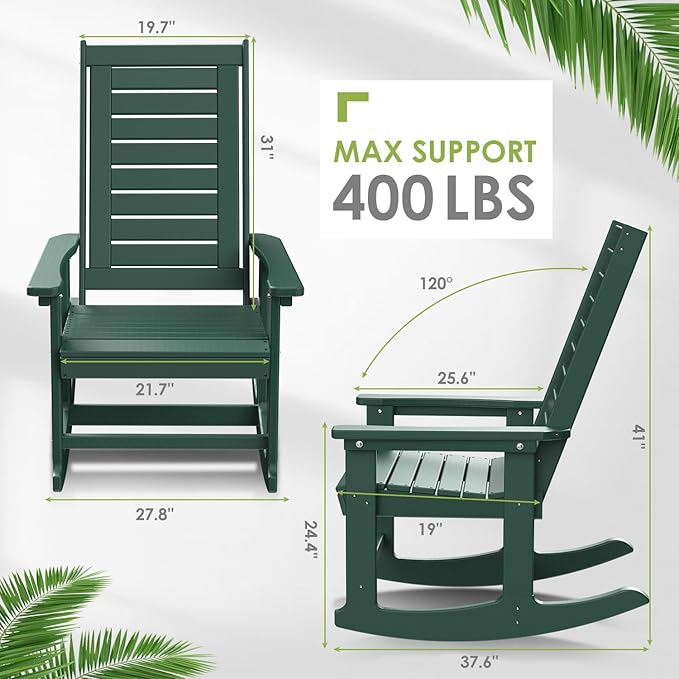 GREENVINES Outdoor Rocking Chairs | Set of 4 | Porch Rocker | HDPE Plastic | Forest | Oversized Rockers | High Back | Big & Tall | Ladder Back | for Patio Outside Backyard Balcony Garden