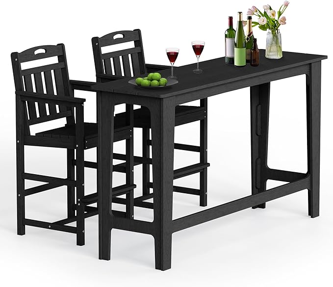 Ciokea 3 Pcs Outdoor Bar Height Table Set, 60" Extra Long Rectangle High Top Table and 2 Oversized Adirondack Chairs Set, Heavy-Duty All-Weather HDPE Patio Bar Set for Backyard Balcony Deck, Black