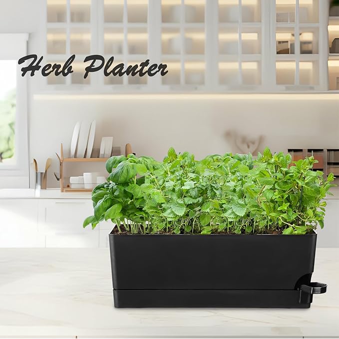 Self Watering Pots for Indoor Plants 17 Inches Window Boxes Planters Rectangular Flower Pots Rectangle Herb Pots Large Plant Pots with Drainage Holes and Saucers Windowsill Planter (4, Black)