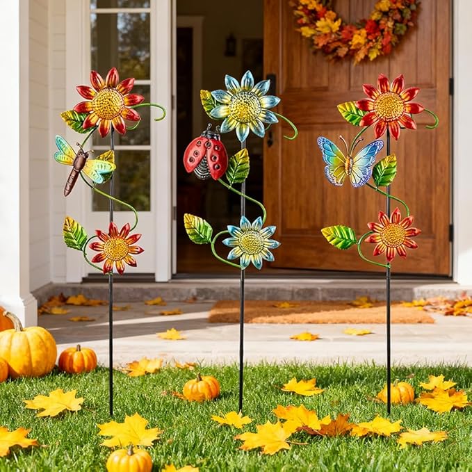 3 Pcs Sunflower＆Butterly＆Ladybug＆Dragonfly Decorative Garden Stakes,23.5 in Metal Sunflower Yard Art for Outside Decor,Spring Outdoor Decor for Mom,Women,Grandma