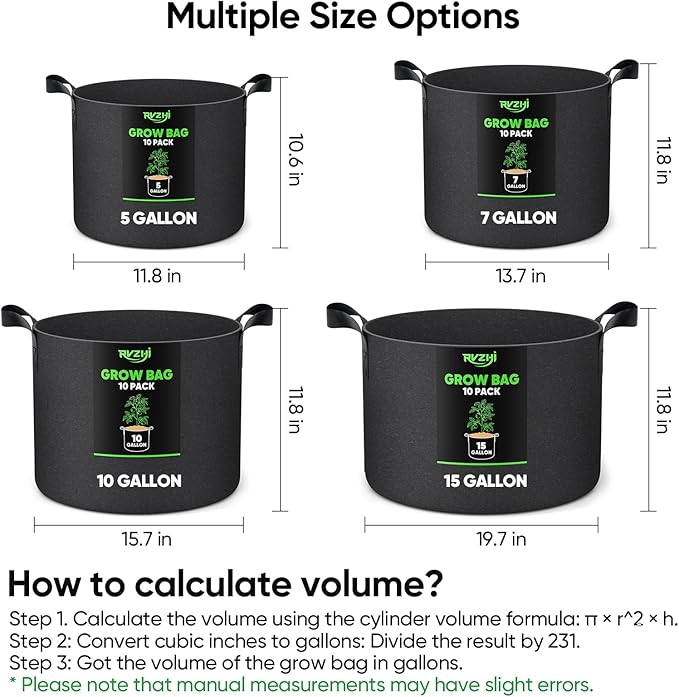 15 Gallon 10-Pack Plant Grow Bags: 350G Thickened Nonwoven Potato Grow Bags with Handles, Black Fabric Flowers Pots Felt Garden Bags, Gardening Supplies for Growing Vegetable Fruit Tomato Herbs