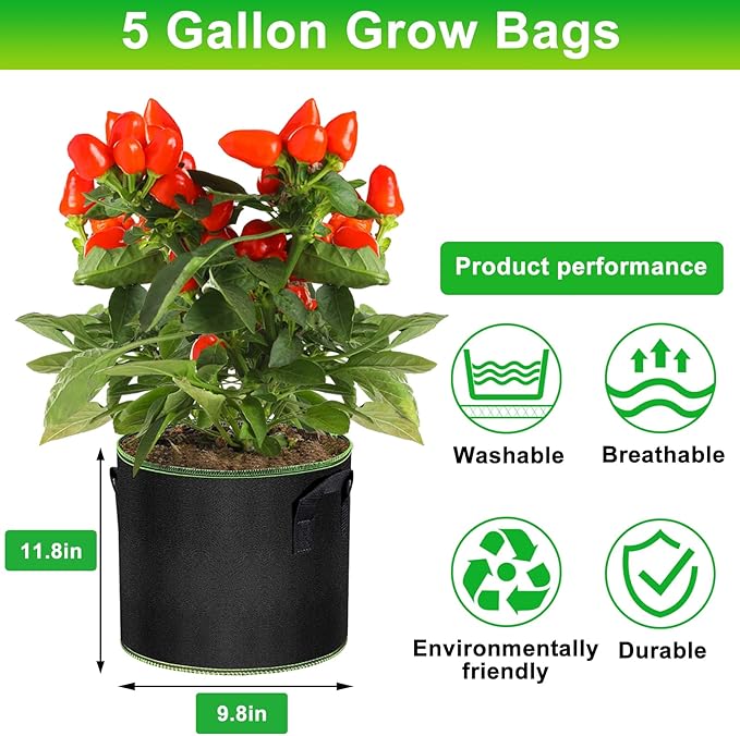 5 Gallon Grow Bags 12 Pack - Thickened Nonwoven Aeration Planter Bags with Handles, Plant Tags & Seedling Bags, Heavy Duty Black Fabric Pots for Vegetable Gardening Garden Outdoor