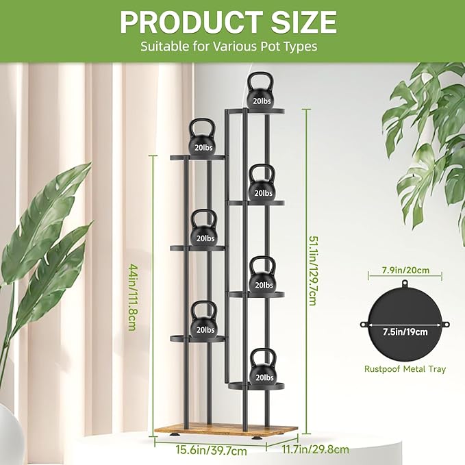 iDavosic.ly 7 Tier Plant Stand Indoor Outdoor, Tiered Corner Multiple Flower Pot Holder Shelf, Metal 51 Inch Tall Display Rack for Patio Porch Living Room Garden Balcony, Modern Black & Rustic Brown