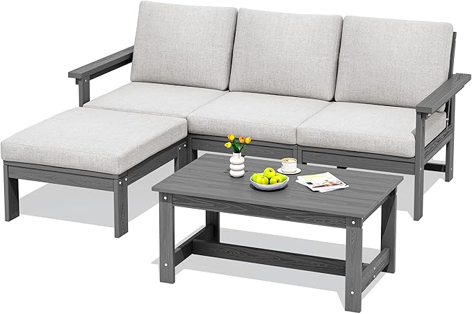 SERWALL Outdoor Sectional Sofa Set, 5-piece Outdoor Modula Couch Set with Ottoman, All Weather Patio Furniture Set with Chaise for Deck, Lawn, Gray Frame with Khaki Cushion