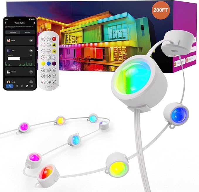 Fitop Permanent Outdoor Lights, 200FT RGB Smart LED Eaves Light, IP67 Waterproof Outdoor Strip Lights, 16 Million Colors, Extendable, App/Remote Control, Music Sync