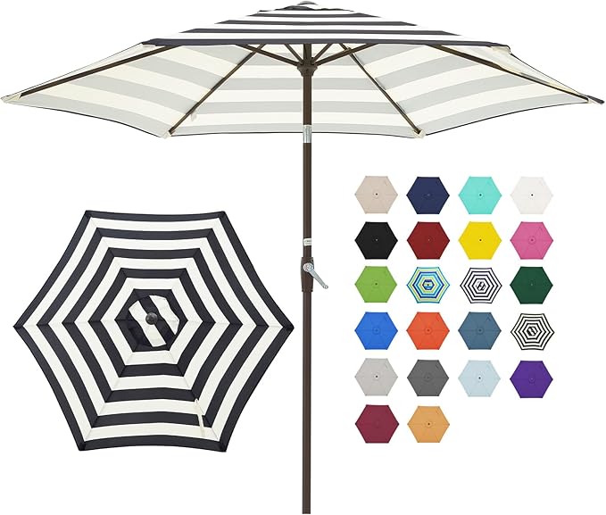 JEAREY 7.5FT Patio Umbrella Outdoor Market Umbrella with 6 Sturdy Ribs, Push Button Tilt/Crank Table Umbrella for Garden, Deck, Backyard and Pool, Beige & Black Stripe