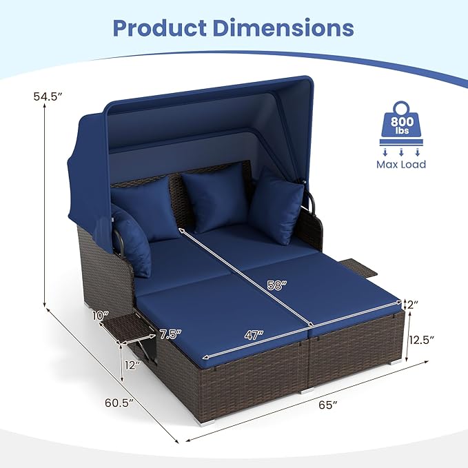 Tangkula Patio Rattan Daybed with Retractable Canopy, Outdoor Wicker Sunbed with 2 Foldable Side Tables, Thick Seat & Back Cushions, Outside Double Daybed for Garden, Backyard, Porch, Navy & Brown