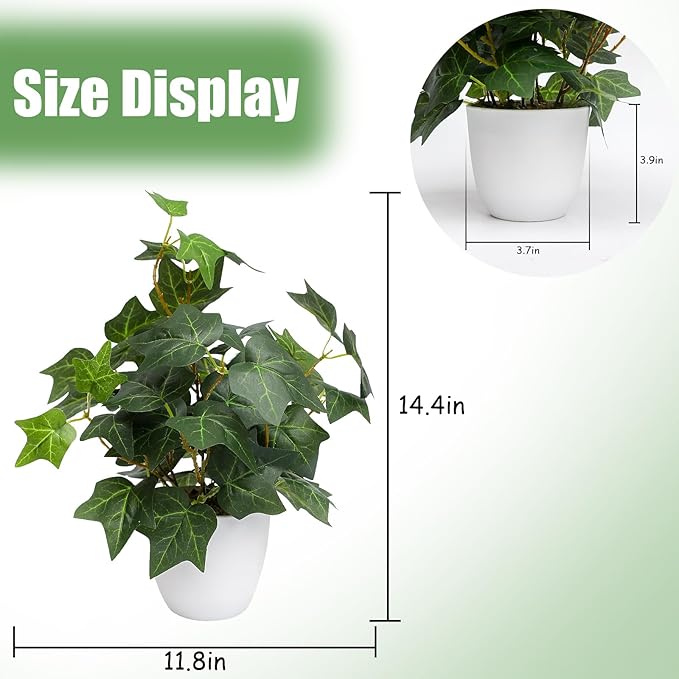 alyptus Fake English Ivy Plants in Pots Set of 2 – Realistic Artificial Ivy Greenery for Home Decor, Tabletop, Office, Shelf, Balcony or Bathroom - Green with White Pots