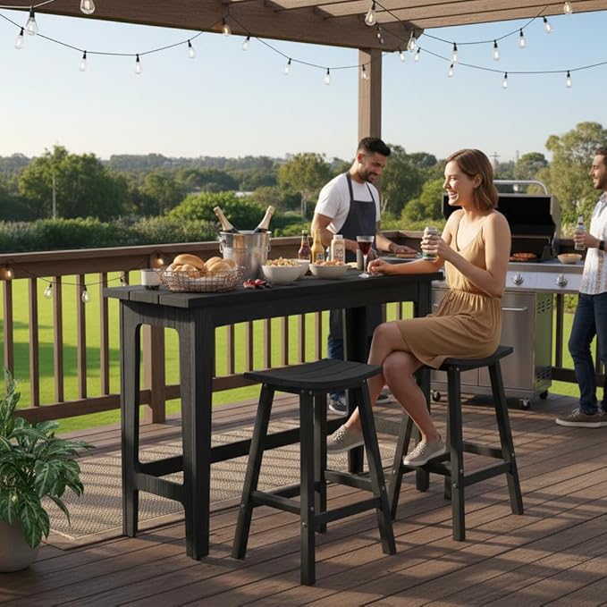 Ciokea 3 Pcs Outdoor Bar Height Table and Stools Set, 60" Extra Long Rectangle High Top Table and 2 Backless Bar Stools, Heavy-Duty All-Weather HDPE Patio Bar Set for Backyard Balcony Deck, Black