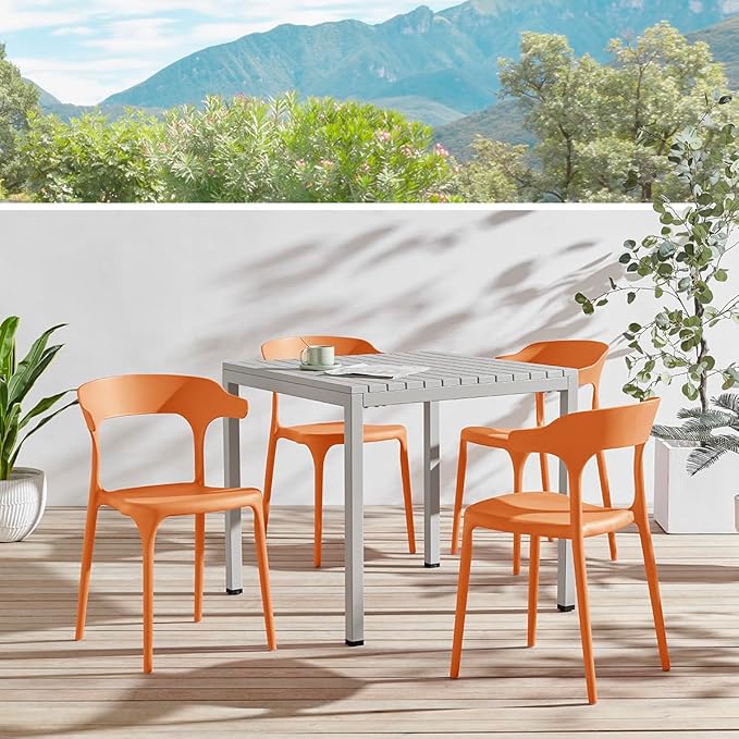 Modern Stackable Dining Chair Set, No Assembly, Plastic Chair, Patio Chair, Suitable for Indoor and Outdoor Cafes and Restaurants, Set of 4 (Orange)