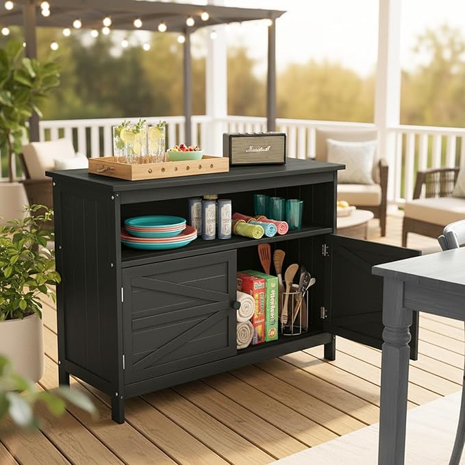 HIPS All-Weather Outdoor Storage Cabinet,Outdoor Sideboard with Magnetic Doors,3-Shelves Patio Storage Cabinet, Used for Garden,Buffet Cabinet,TV Stand, Bar Table,Balcony