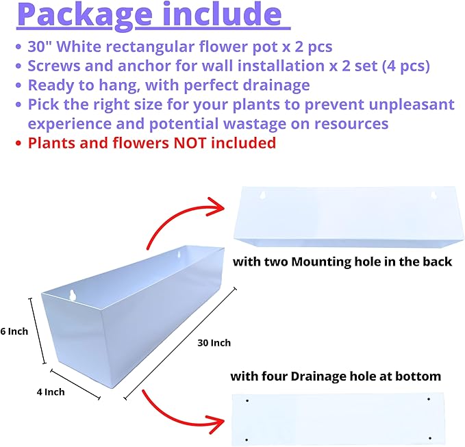 LaLaGreen Wall Planters (30 Inch, 2 Pack) White Carbon Steel Metal Hanging Flower Pots, Long Rectangular Wall Mount Window Box Planter for Succulents, Floating Shelf Outdoor Fence Deck Garden Decor