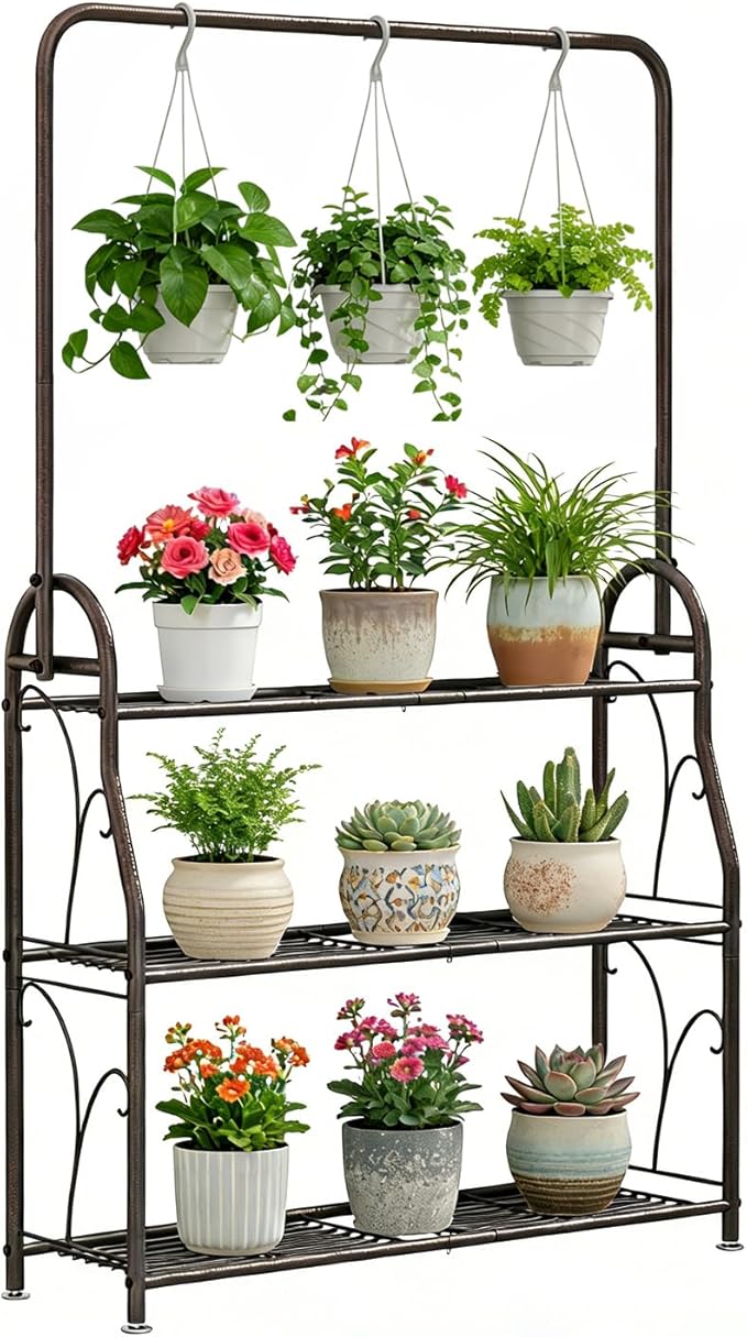 SORCEDAS Plant Stand Indoor Outdoor 3 Tier Tall Corner Hanging Shelf Metal Flower Stands Ladder Holder for Living Room Balcony Garden Patio Multiple Plants, Bronze