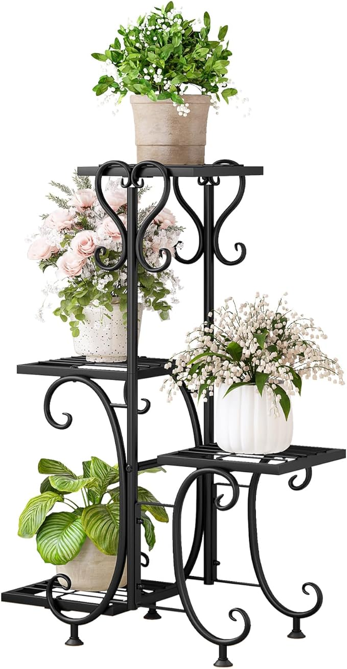 Plant Stand Indoor Outdoor Shelf 4Tier Metal Holder Pot Rack Multiple Plants Stand Tall Flower Shelf Corner Living Room Garden,Black (Black, 4 Pots)