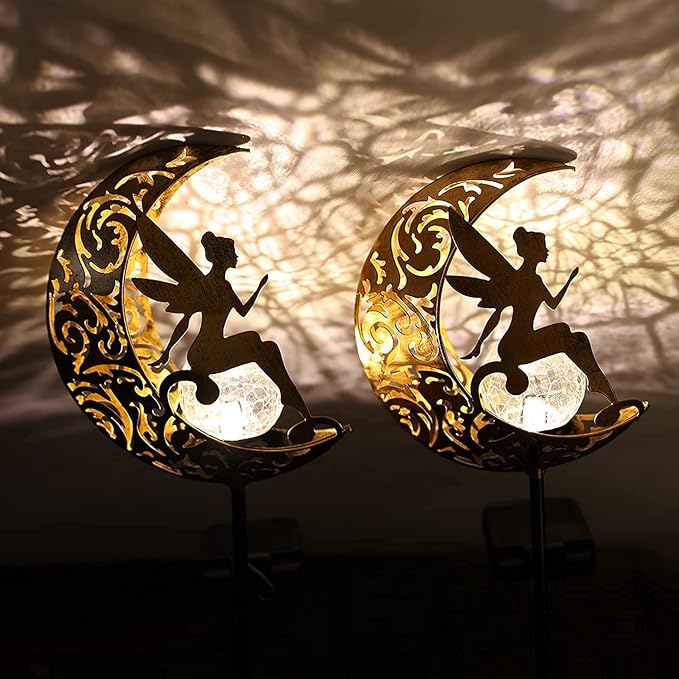 YJFWAL 2 Pack Garden Solar Lights Pathway Stake Lights Moon Fairy Glass Globe with Angel Decor, Birthday Christmas Gift for Mom Grandma Friends, Outdoor Decor Light Waterproof for Walkway, Yard, Patio