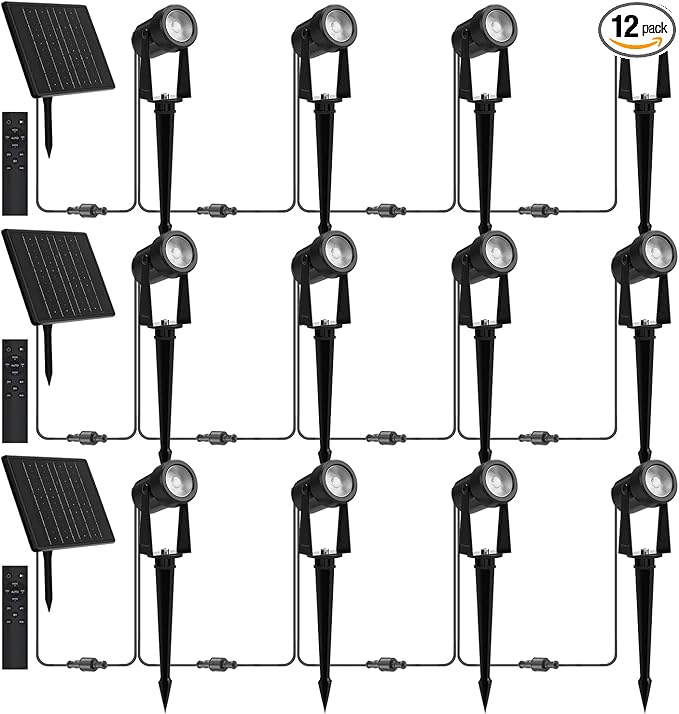 Zyan Solar Landscape Spotlights, Separate Monocrystalline Panels & USB-C Powered 16200mAh Auto On Off Dusk to Dawn, Outdoor IP65 Waterproof, Warm White for Yard Path Patio (100 Lumens × 12 Pack)