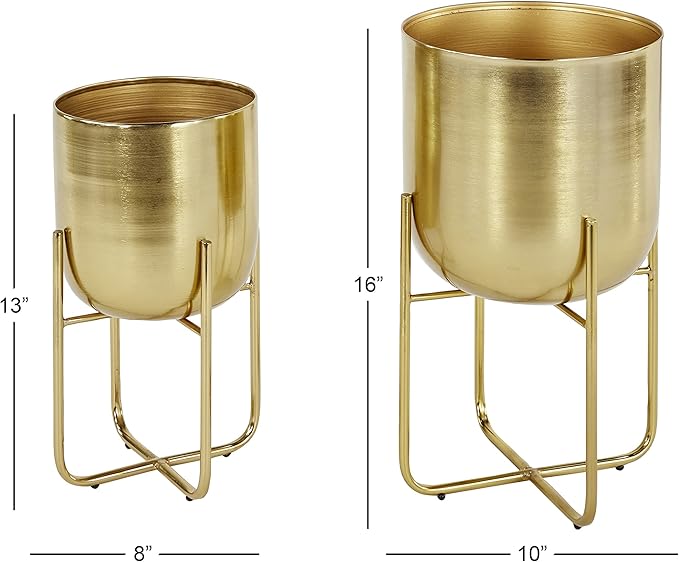 Deco 79 Metal Indoor Outdoor Planter Brushed Dome Large Planter Pot with Curved X-Shaped Bases, Set of 2 Planters 16", 13"H, Gold
